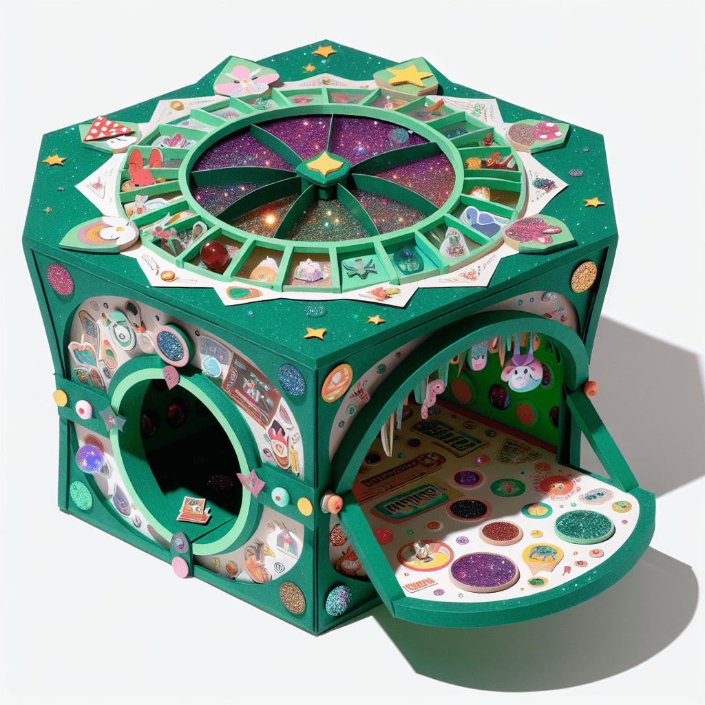 An elaborate and colorful leprechaun trap featuring a green, circular design with multiple compartments, adorned with stars, moons, and other whimsical decorations, aimed at capturing the mythical Irish creature.