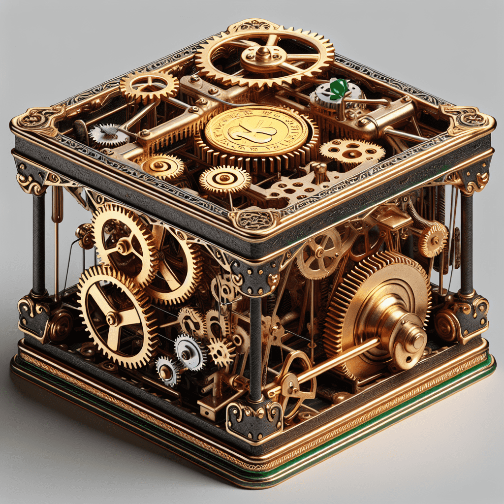 An intricately designed box with exposed gears and mechanical parts, featuring a golden coin at the center as bait, which resembles a steampunk-style leprechaun trap.