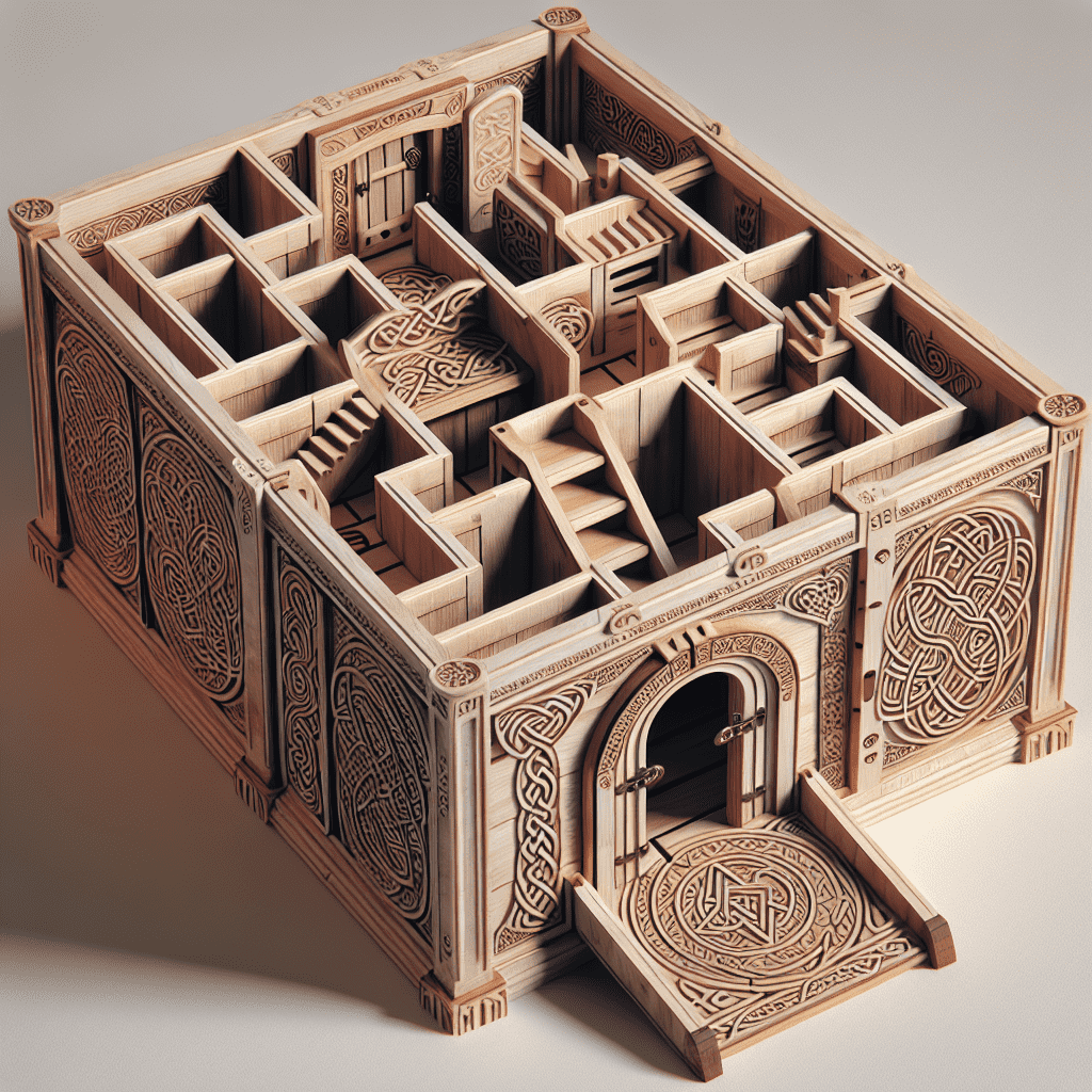 A complex wooden puzzle box with intricate Celtic designs and multiple compartments that could serve as a conceptual leprechaun trap.