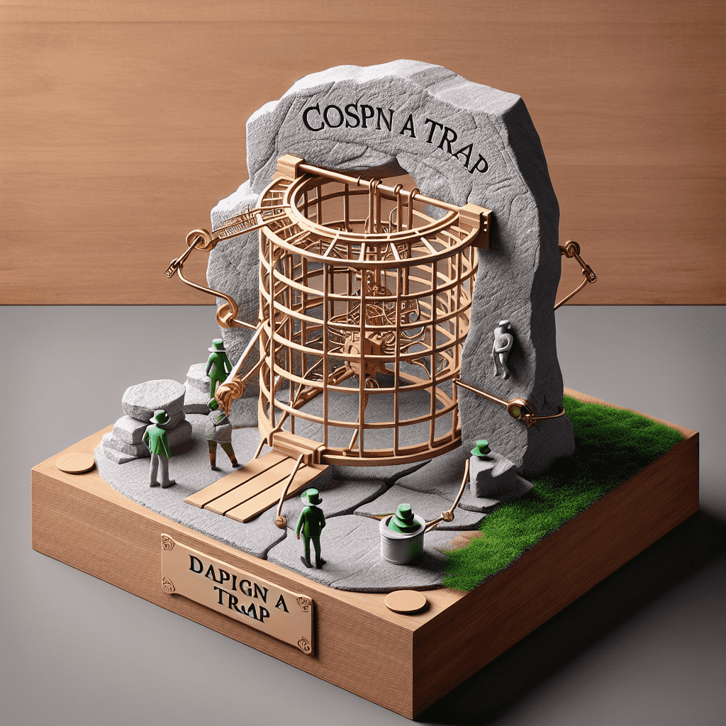 Alt text: A creative leprechaun trap concept featuring a wooden base with a grassy patch, a central copper cage beneath a large faux stone with the words "COSPA A TRAP", and miniature figures of leprechauns surrounding it.