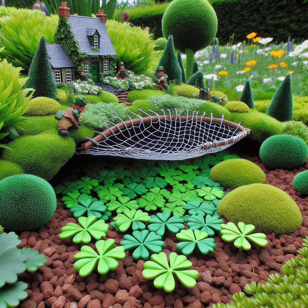 An imaginative leprechaun trap consisting of a miniature house surrounded by lush greenery, with a conspicuous netted pitfall trap set in front of the dwelling amidst vibrant foliage and clover-shaped decorations.