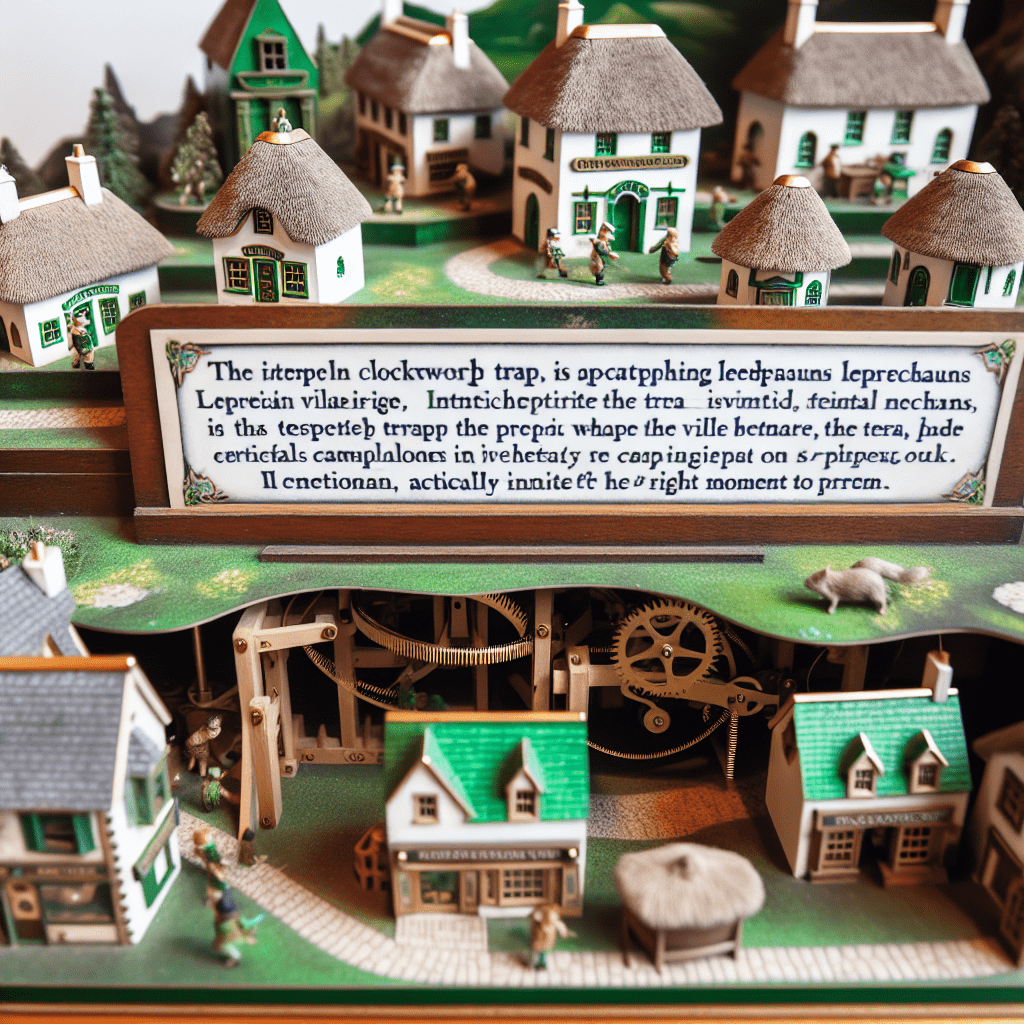 A miniature leprechaun village with detailed houses and structures depicting a leprechaun trap concept, featuring intricate mechanical elements and a whimsical design.