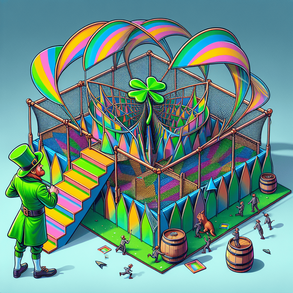 Illustration of a colorful and elaborate leprechaun trap featuring rainbow arches, a clover decoy, and a leprechaun observing the setup with miniature figures and barrels at his feet.