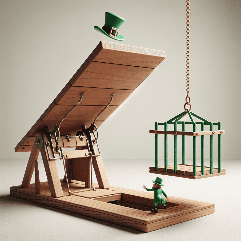 Alt text: Illustration of a wooden leprechaun trap featuring a bait cage suspended by a chain, a large hinged trapdoor propped open with a stick, and a small leprechaun figurine standing underneath the open door.