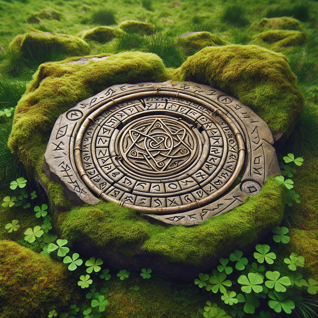 An intricately carved stone circle with Celtic symbols and designs set into a lush green, moss-covered ground with clovers surrounding it, resembling a trap meant for a leprechaun in a mythical setting.