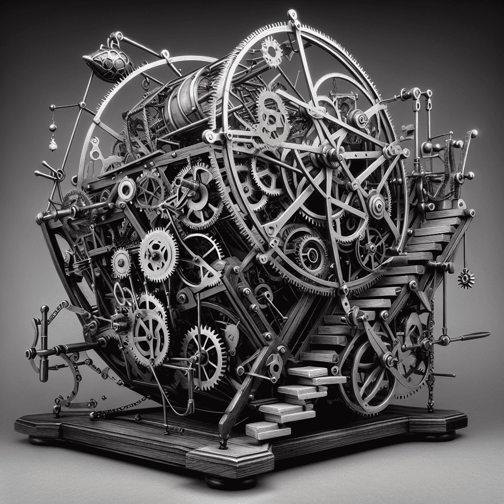 This is a black and white image of a complex, whimsical machine filled with interconnected gears, rotating wheels, pulleys, and traps designed to resemble a Rube Goldberg-style leprechaun trap.