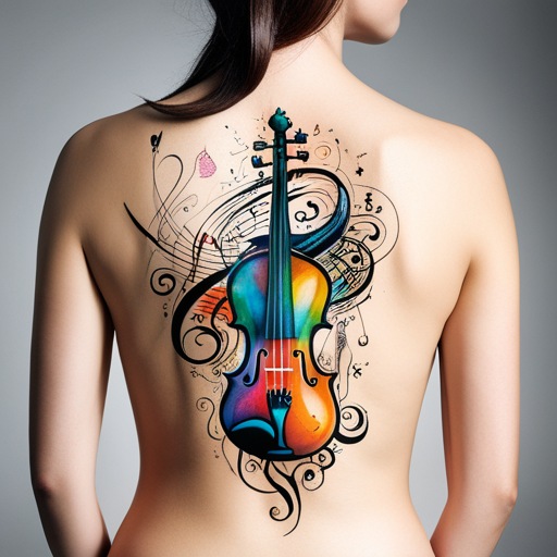 A woman with a musical tattoo of a violin on her skin.