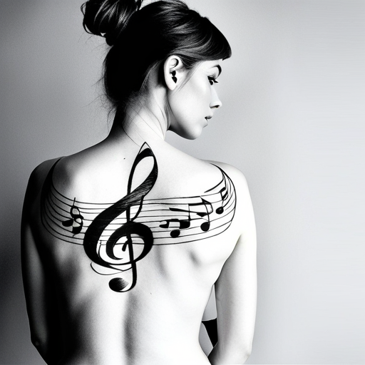 A naked woman with a musical tattoo is holding a piano.