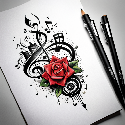 A red rose and various musical notes in the form of a musical tattoo on a white background.