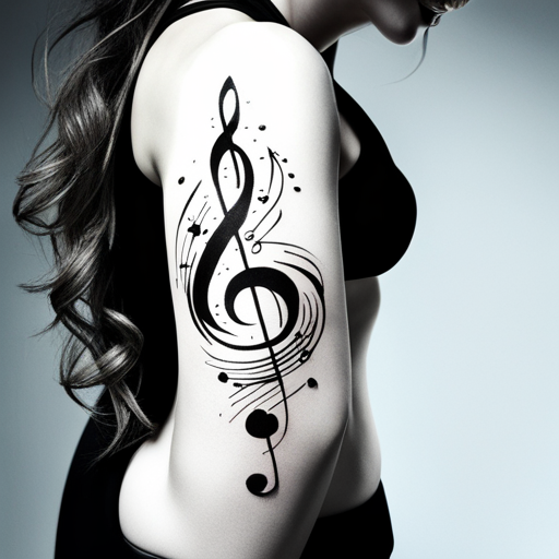 A woman admiring a musical tattoo featuring musical notes.