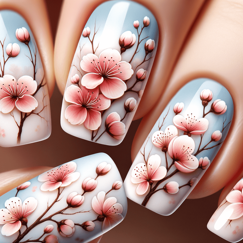 Alt text: Close-up of a hand with nails featuring an intricate cherry blossom design, with pale pink blossoms and brown branches on a gradient background.