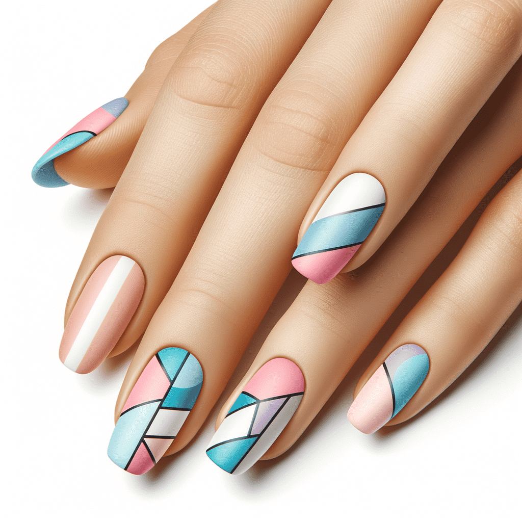 Alt text: A hand showcasing nails with a creative design featuring pastel pink, blue, and white colors segmented in geometric patterns.