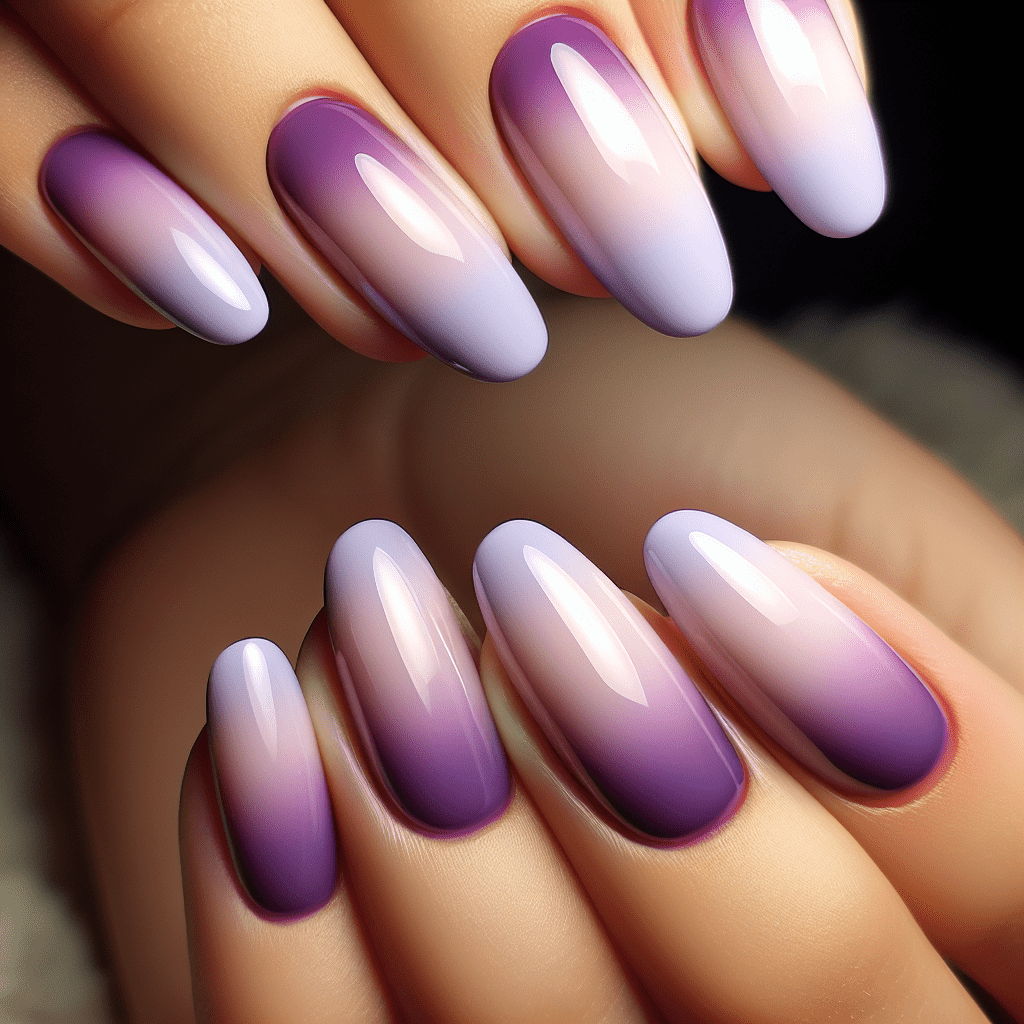 Ombre manicure with long almond-shaped nails transitioning from white to purple.