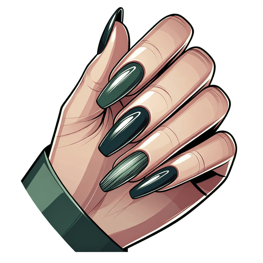 Alt text: Illustration of a hand with long, almond-shaped nails featuring an ombre design that transitions from nude at the base to dark green at the tips.