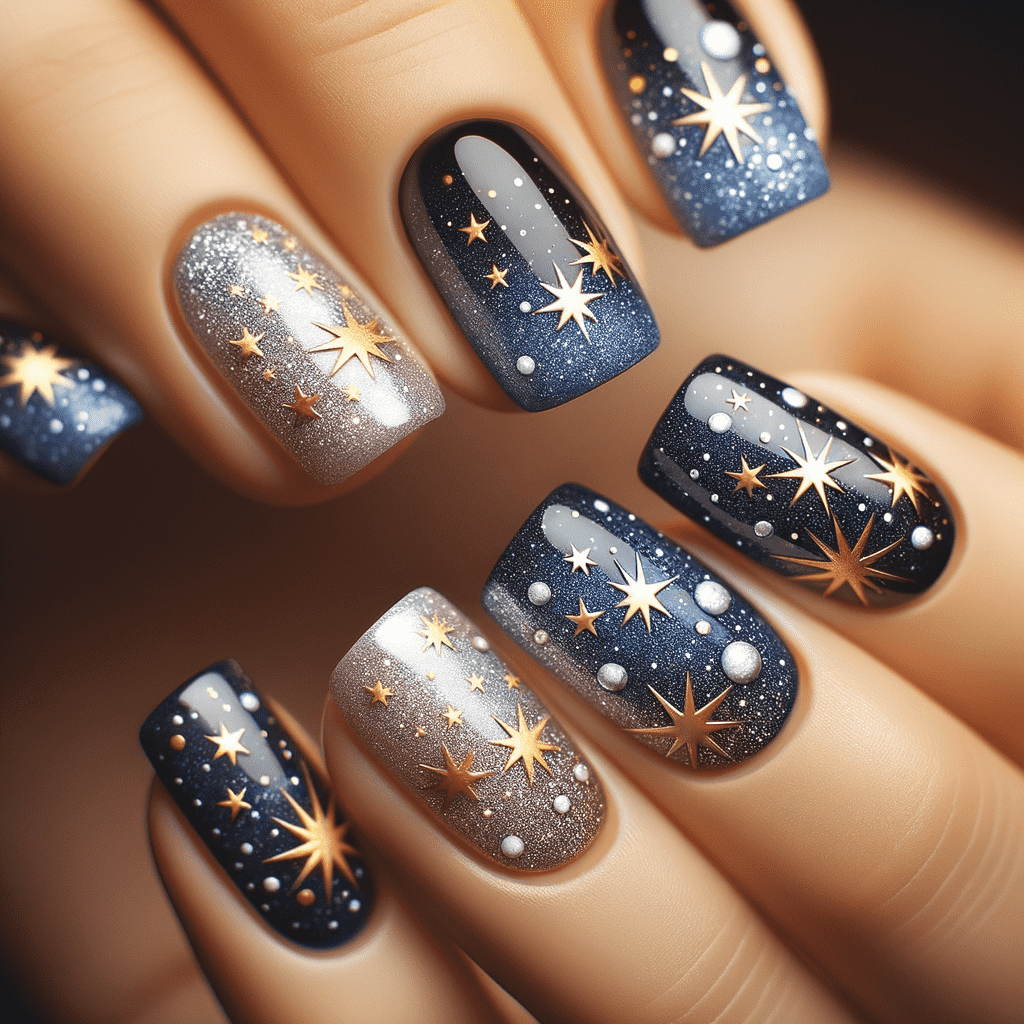 Alt text: A set of nails featuring a celestial design with a gradient from dark blue to silver, adorned with stars, sparkles, and constellation patterns.