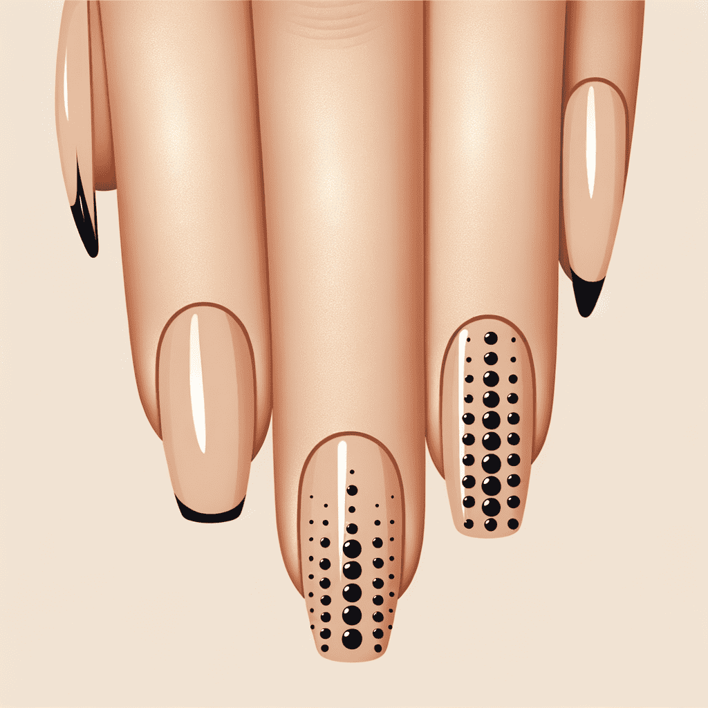 An illustration of a hand with nails painted in a nude color featuring black French tips and accent nails with black polka dot designs.