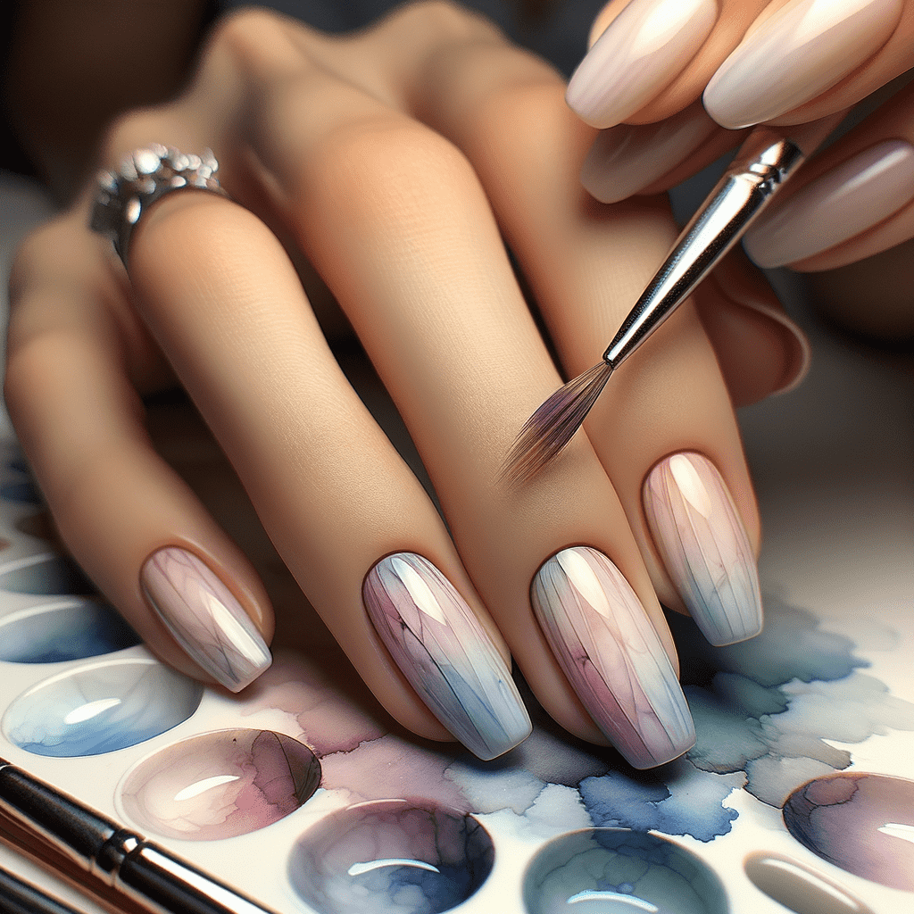 Alt text: Close-up of a hand with long, almond-shaped nails painted with a marble effect in shades of white and pink, alongside nail art brushes and a palette.