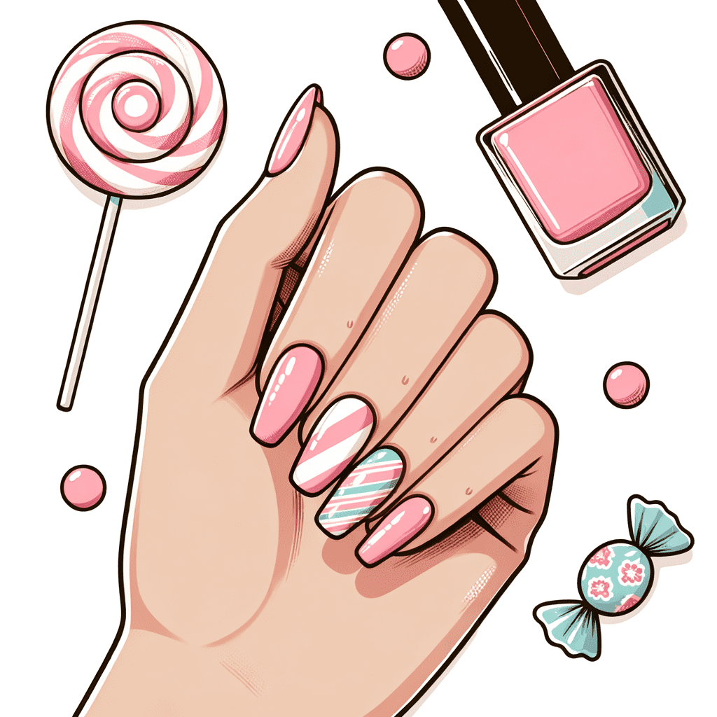 Illustration of a hand with candy-themed nail art, featuring pastel pink polish, striped accent nail, and candy decorations alongside a nail polish bottle and a lollipop.