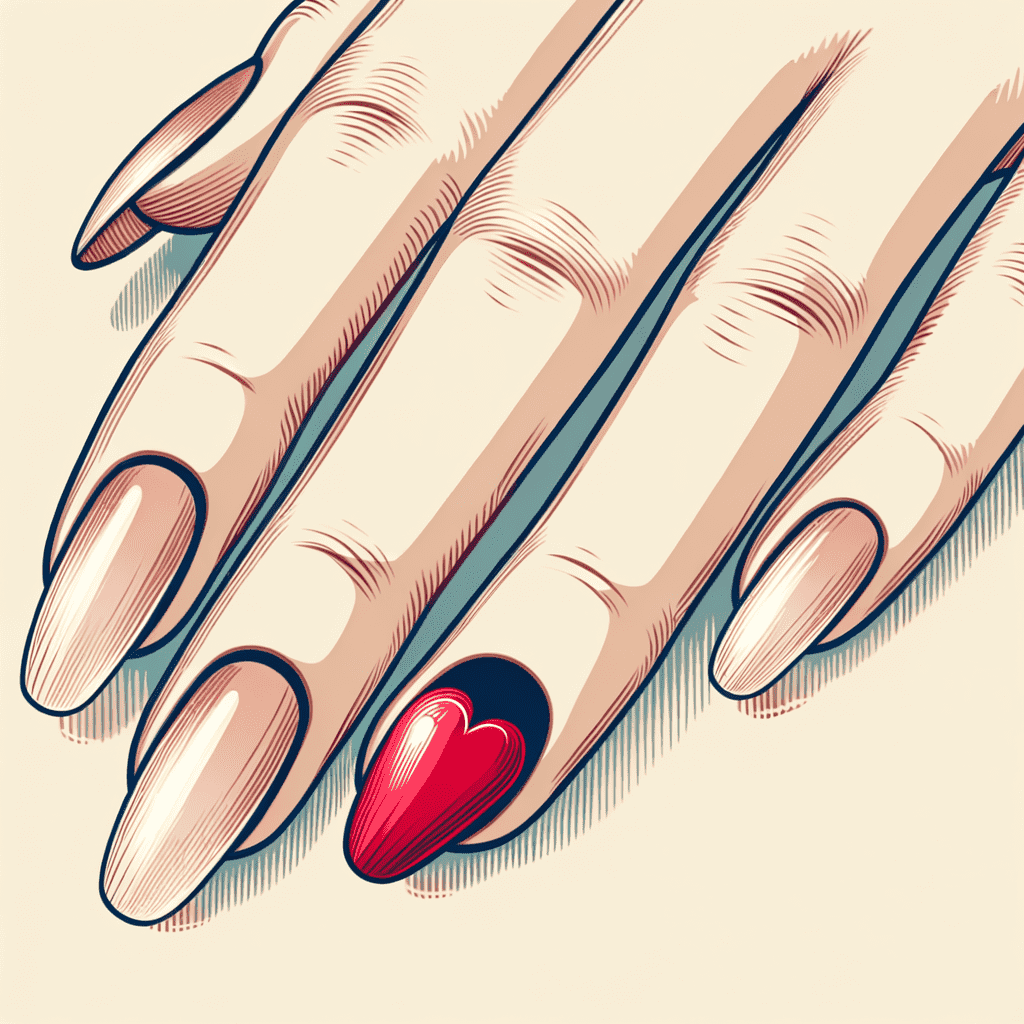 An illustration of a hand with a nail art design, featuring a glossy red heart on one fingertip against a natural nail base.