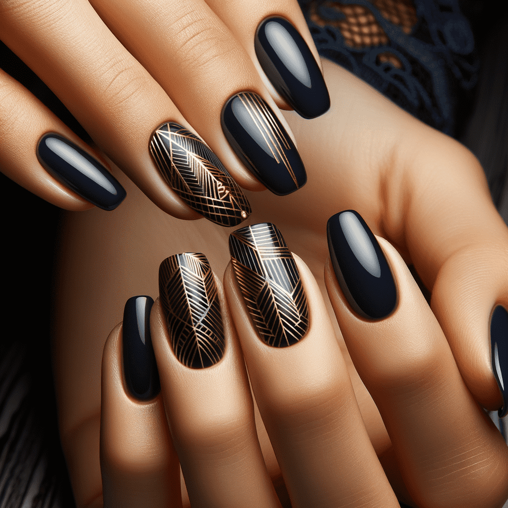 Alt text: Elegant manicured nails with a glossy dark blue base color, and two accent nails featuring intricate gold line art designs.
