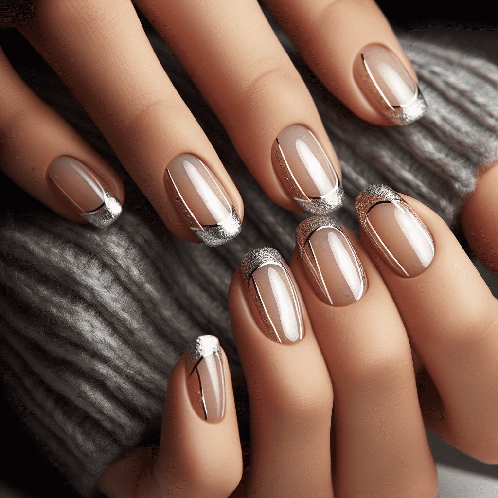 Alt text: A close-up of hands with manicured nails featuring a glossy neutral base color and silver metallic accents along the tips and cuticle area, displayed against a soft grey background.