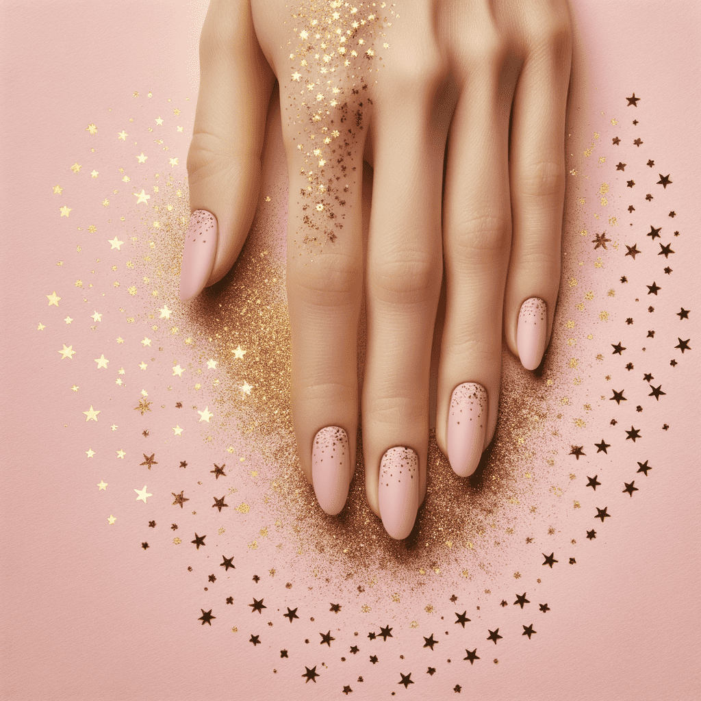Alt text: A hand with pink manicured nails adorned with small star patterns, resting on a pink surface with scattered golden glitter and star confetti.