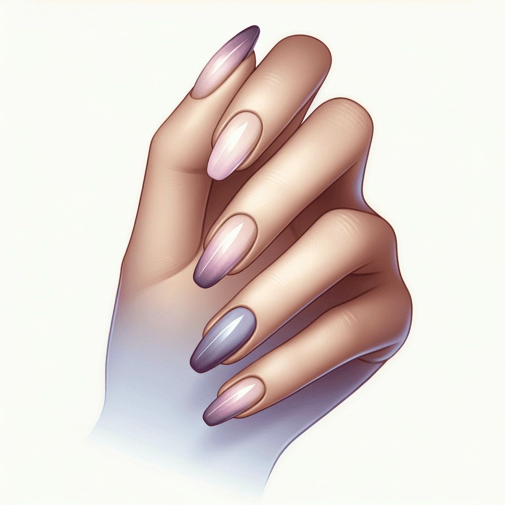 A hand with long, almond-shaped nails featuring an iridescent pink polish.