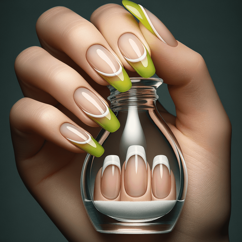 Alt text: "A hand with long almond-shaped nails, featuring a French manicure with a twist. The nail tips are painted with a bright lime green instead of the traditional white, held above a clear nail polish bottle."