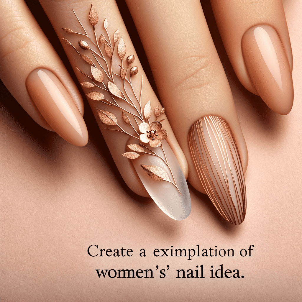 Elegant nude and metallic manicure with floral and leaf accents on a single accent nail, featuring a combination of glossy and matte finishes with metal foil striping on another.