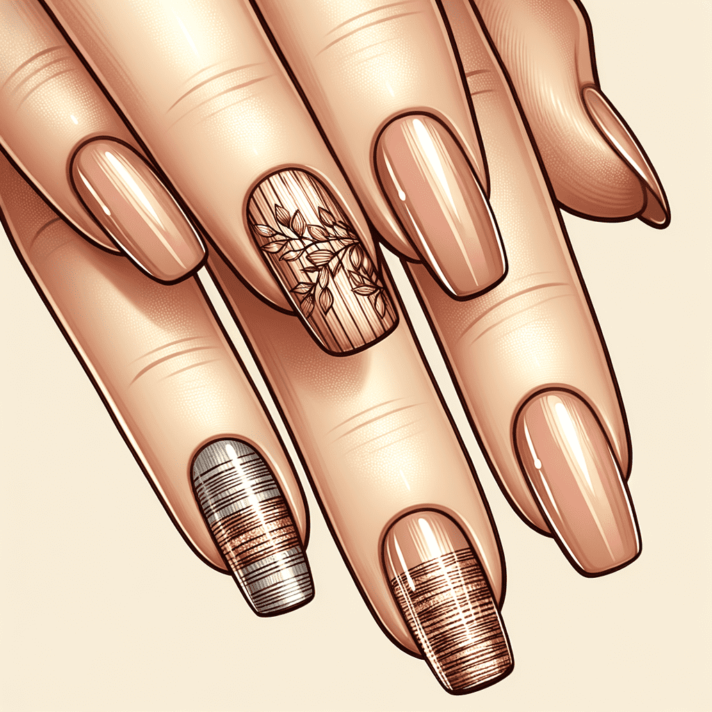 Alt text: Illustration of a hand with long nails featuring a glossy nude manicure. One nail is adorned with a detailed white line art flower, and two nails have metallic copper stripes.