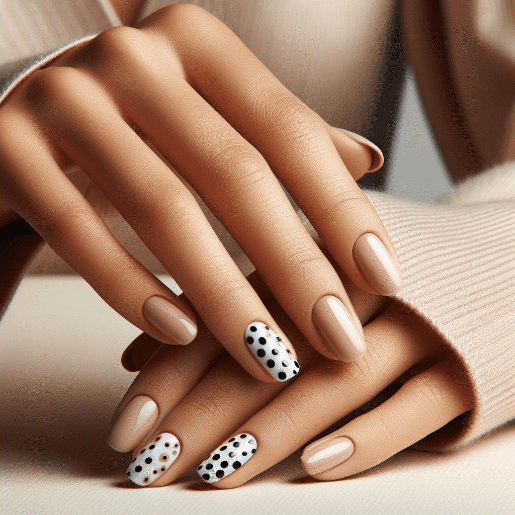 Nude manicure with two accent nails featuring black and white polka dots, on a woman's hands elegantly crossed over each other.