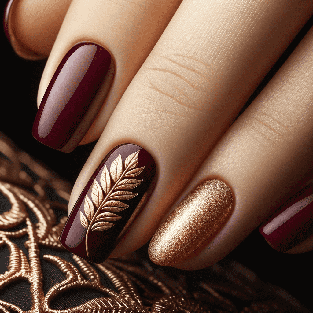 Close-up of a hand with manicured nails in shades of burgundy and gold, one nail featuring a detailed golden leaf design.