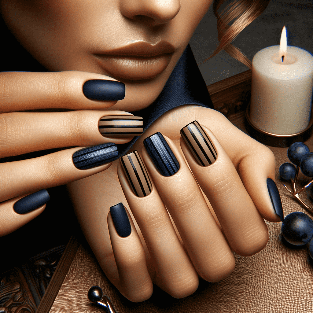 Alt text: Close-up of a person's hands displaying a matte nail design with black and shimmering gold stripes, alongside a lit candle and ornamental berries.