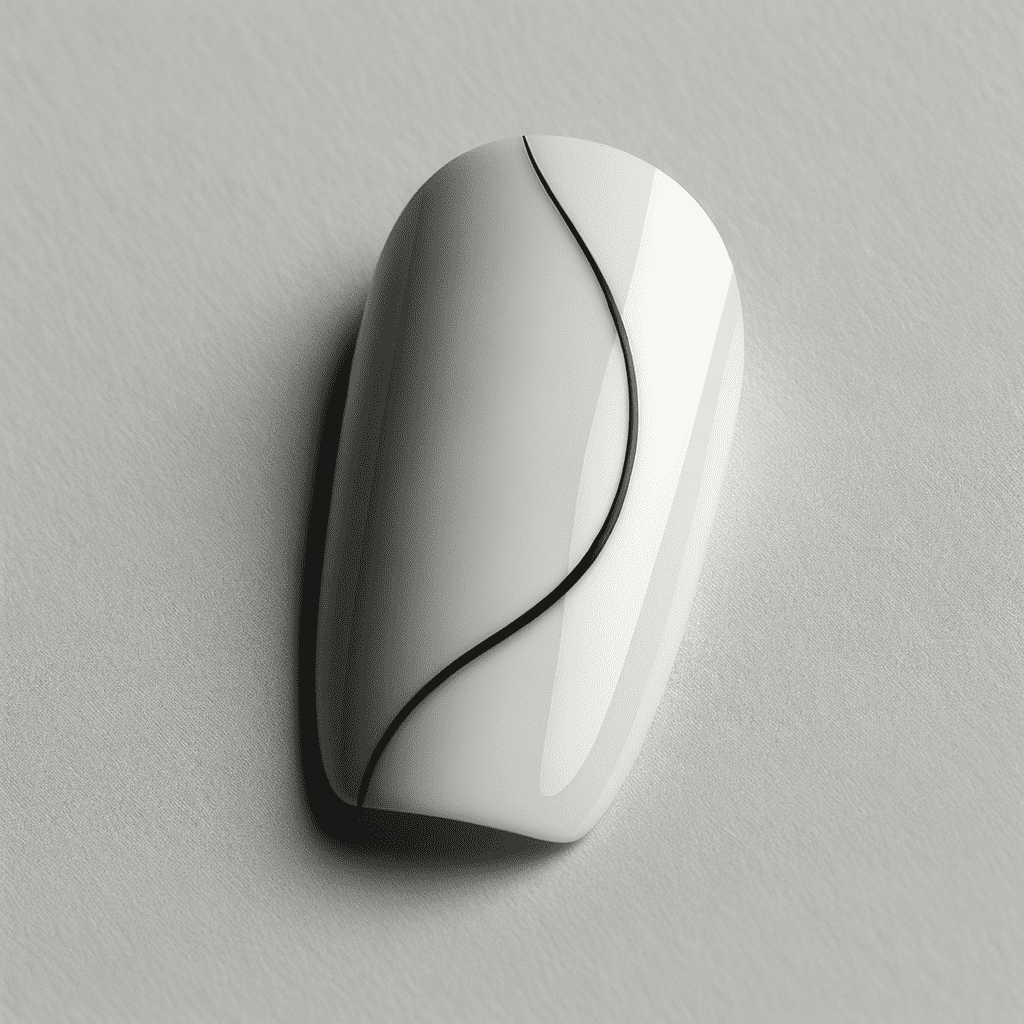 A 3D digital rendering of a nail design featuring a glossy white base with a flowing black line creating an elegant abstract pattern.