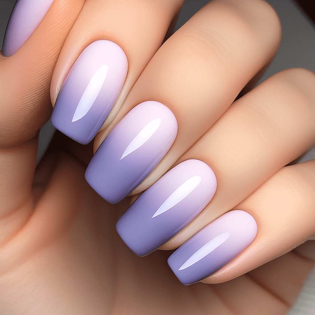 Almond-shaped pastel purple nails with a glossy finish.