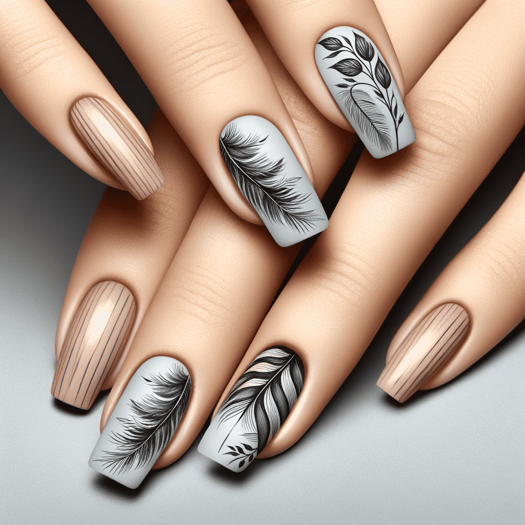 Elegant nail design featuring a mix of metallic rose gold and matte beige nails, with detailed black feather illustrations on a white background on selected fingernails.