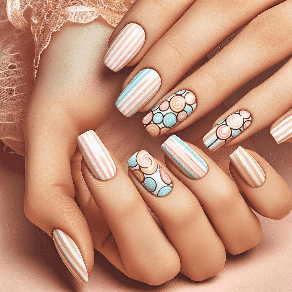 Alt text: Elegant manicured hands showcasing nails with a pastel-striped design and accent nails featuring intricate swirl patterns in complementary shades, against a soft, peach-toned background.