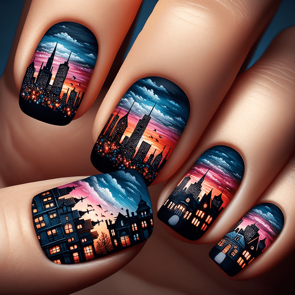 Alt text: Nail art depicting a cityscape silhouette against a vibrant sunset sky with shades of purple, orange, and blue.