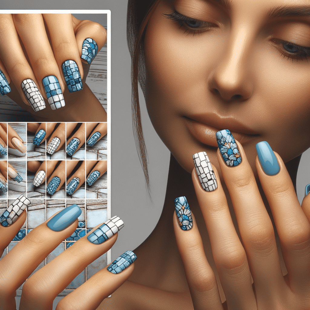 Alt text: A close-up of a person showcasing a nail art idea, featuring a mix of solid blue polish and intricate white grid patterns with small floral accents on their fingernails.