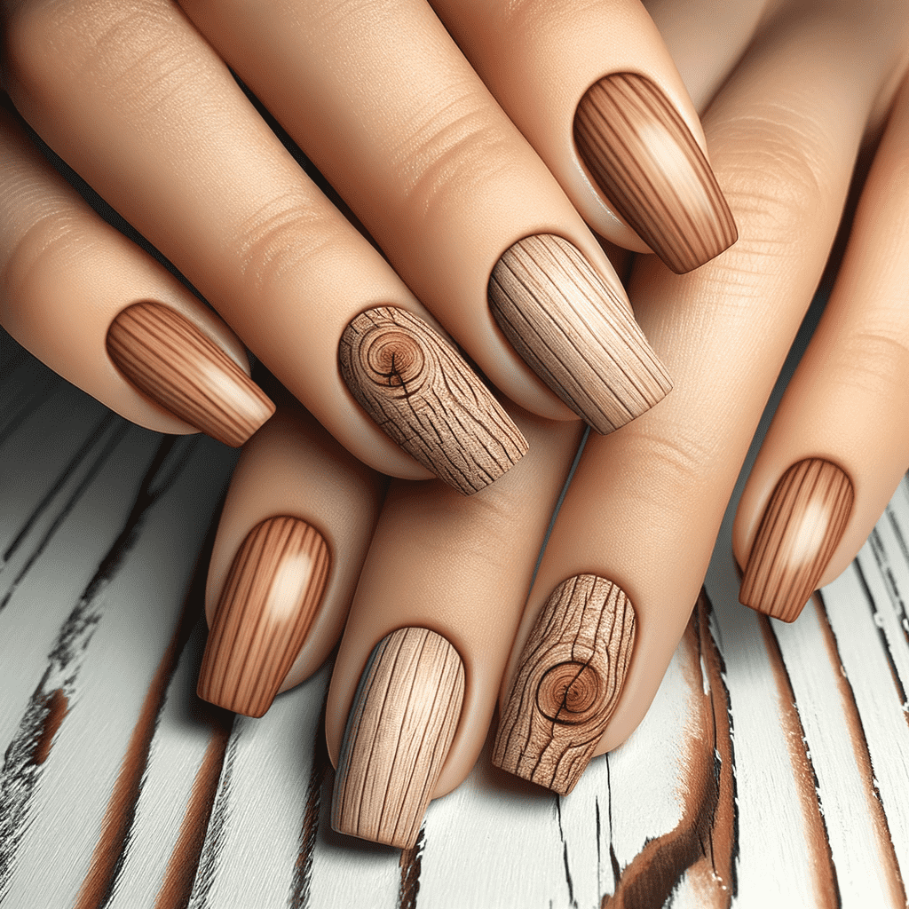 A hand with nails painted to resemble wooden planks, complete with wood grain details and knots, against a rustic wooden background.