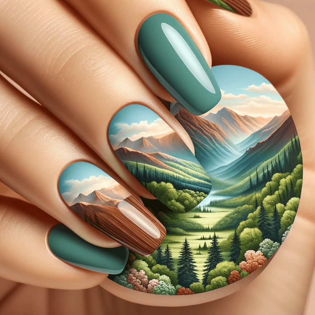 Alt text: Close-up of a hand with nails painted in a detailed mountain landscape design, featuring shades of green, brown, and blue to create a serene outdoor scene.