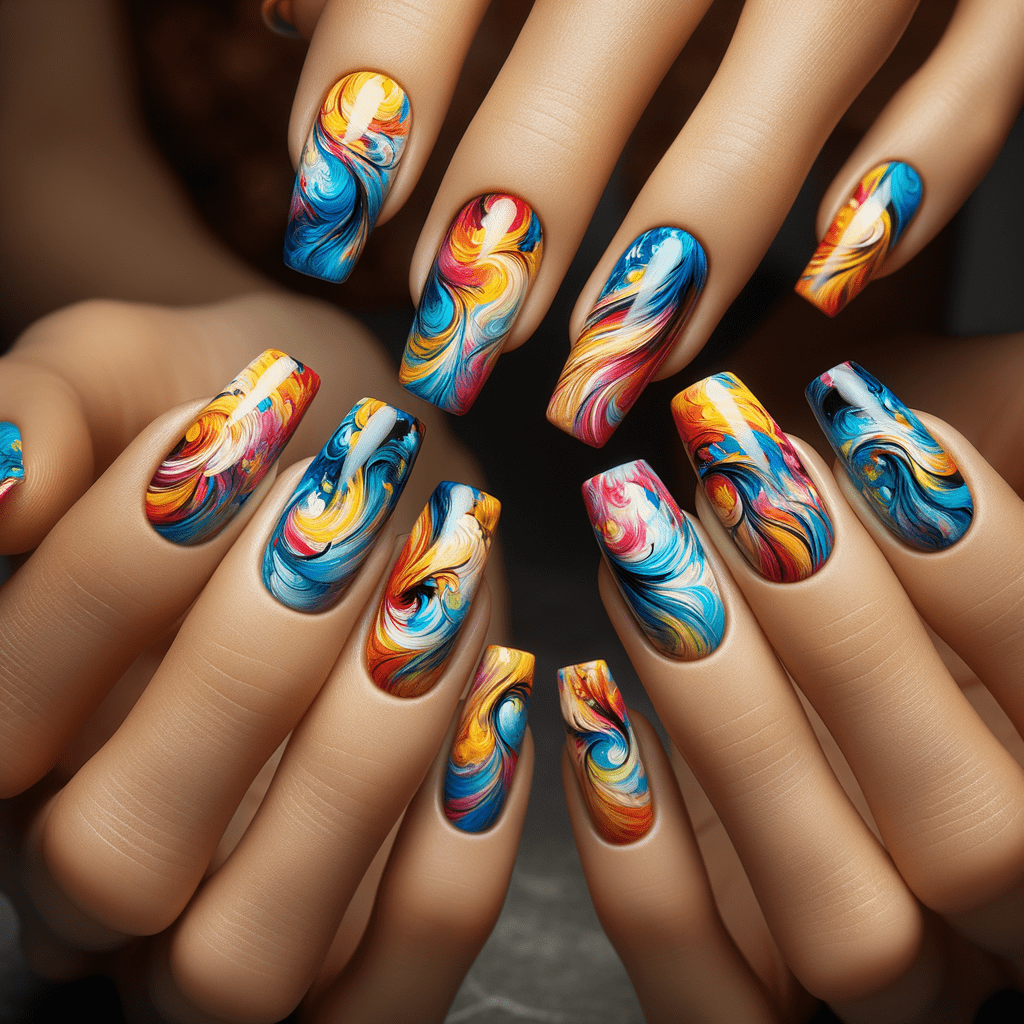 Alt text: Elaborate nail art featuring swirling patterns of blue, orange, yellow, and pink, resembling abstract fire and water motifs.