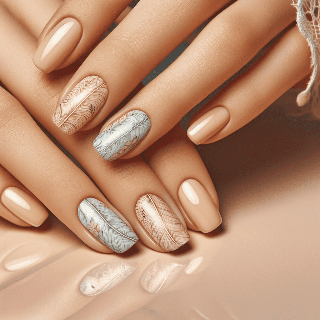 Elegant manicured hands with nails painted in a nude color, featuring accent nails with delicate white feather designs on a metallic base.