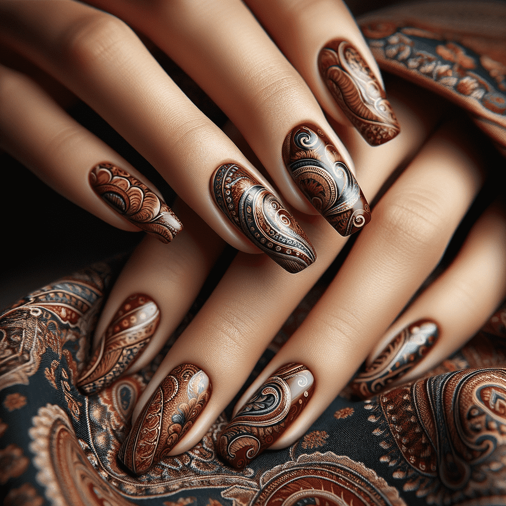 Elegant hand with detailed paisley nail art in shades of browns and creams, resting on a fabric with matching paisley patterns.