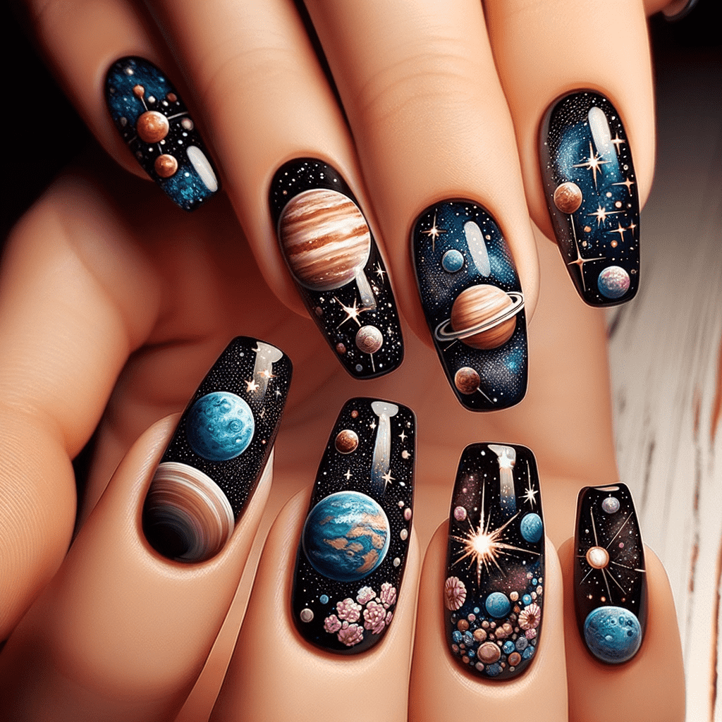 Alt text: Elaborate galaxy-themed nail art showcasing planets, stars, and cosmic patterns against a dark space background.