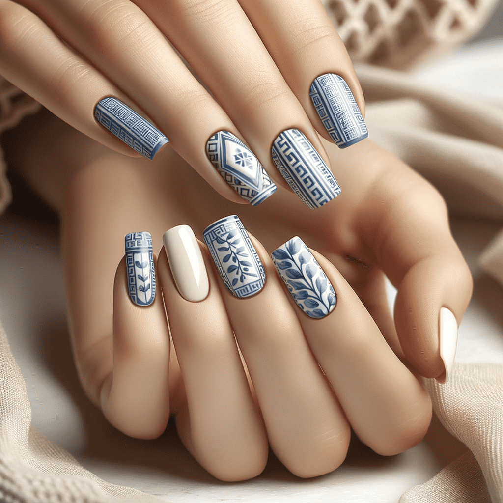 Alt text: A close-up of hands with nails painted in a blue and white porcelain pattern, featuring intricate designs reminiscent of ceramic art, with one nail on each hand painted in a solid white color.