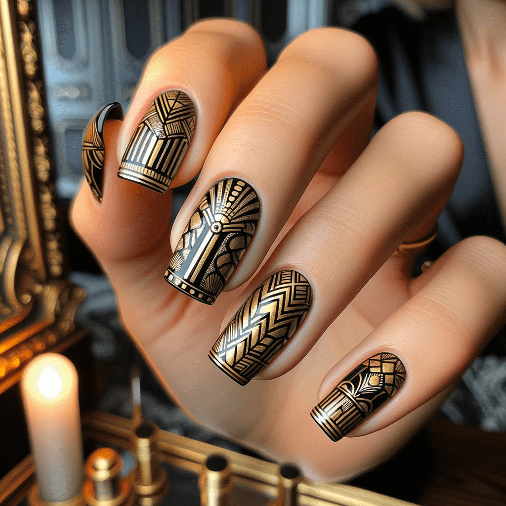 Alt text: A hand sporting a manicure with black nails featuring elegant gold art deco designs, displayed against a luxurious backdrop.