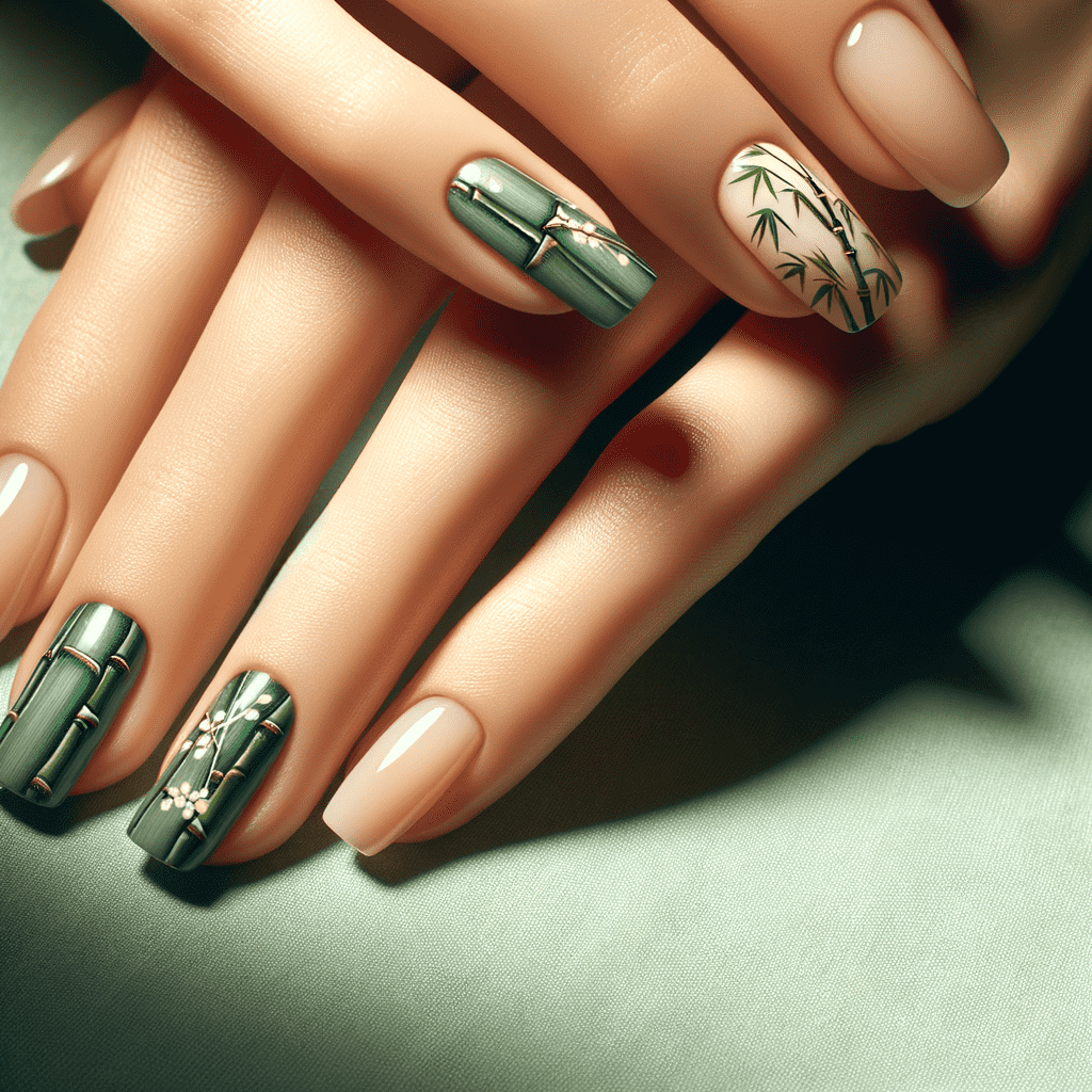 Alt text: A close-up image of a hand showcasing a nail design featuring a nude base color with accent nails decorated with tropical leaf patterns and metallic details.