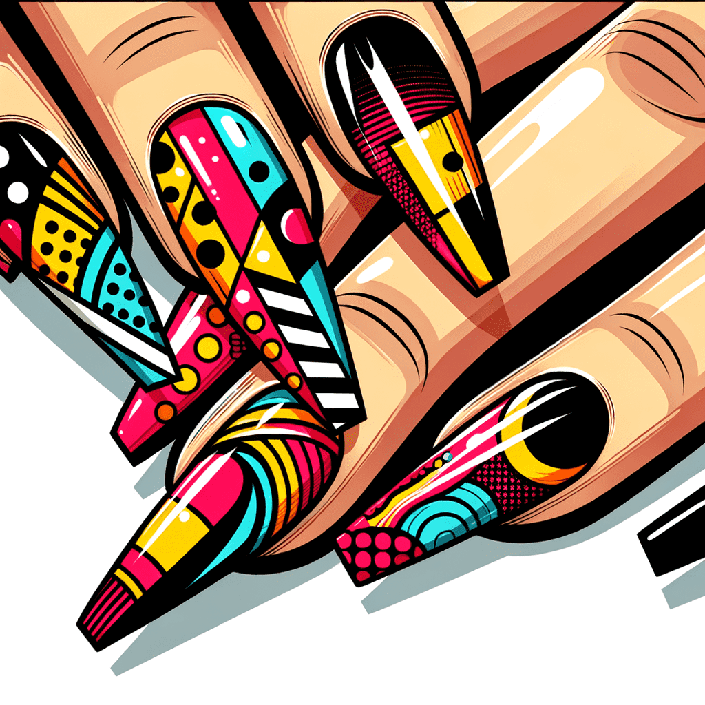 Alt text: Illustration of a hand with long, stiletto-shaped nails featuring a vibrant and colorful abstract design with various patterns such as dots, stripes, and swirls.