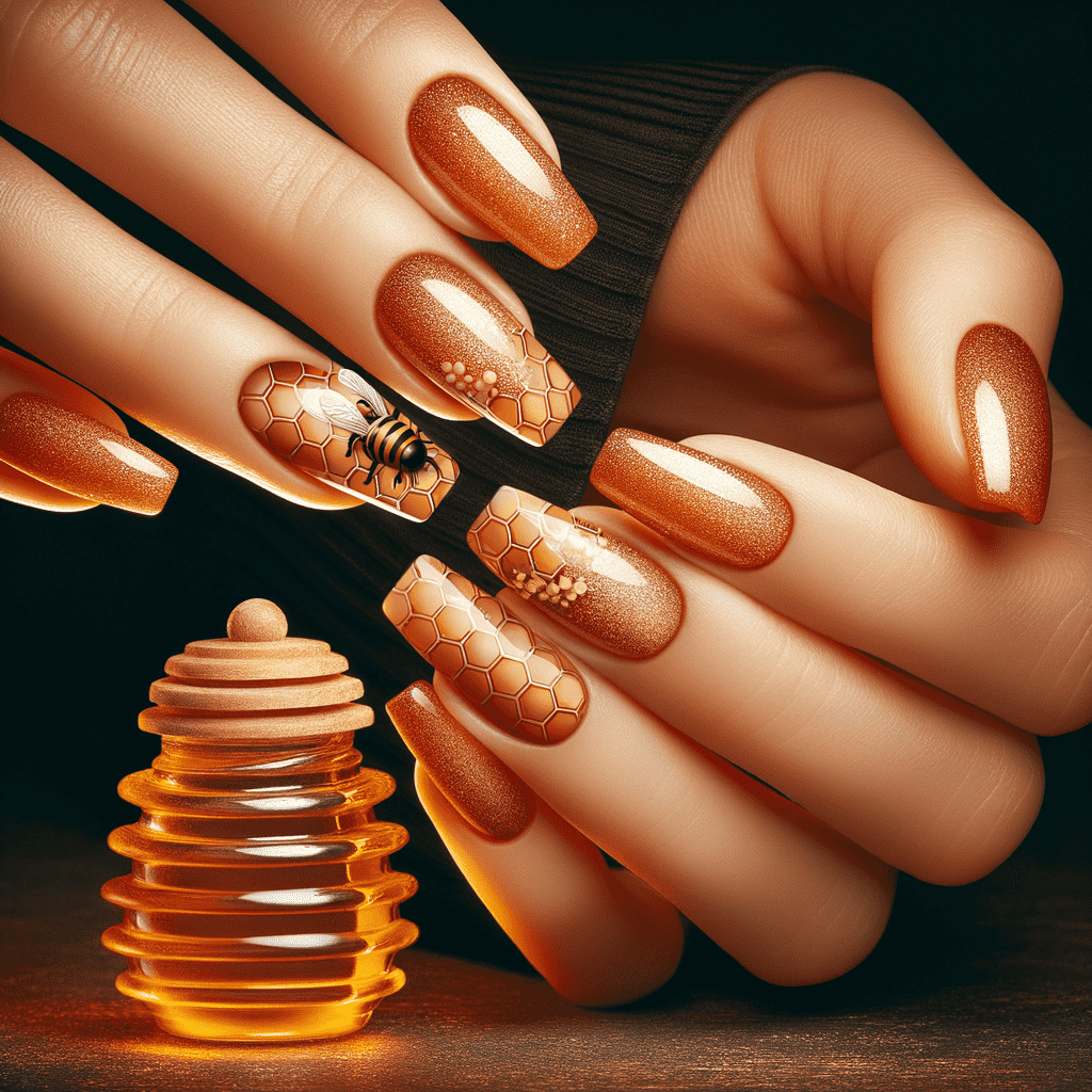 Alt text: Close-up of a hand with long nails painted in a shimmering honey gold color, featuring detailed honeycomb designs and a small bee on one nail, complemented by a miniature glass honey jar accessory.